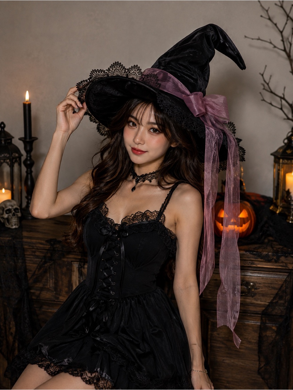 Gothic Velvet Witch Hat with Sheer Dusty Purple Bow & Lace Trim